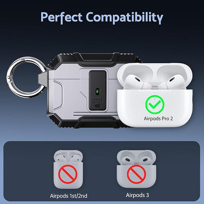 DASFOND Armor Earphone Cover Case for Airpods Pro 2, Military Grade Full Body Shockproof Protection Hard Case, Support Wireless Charging with Keychain, Magnetic Lid, Front LED Visible, Silver