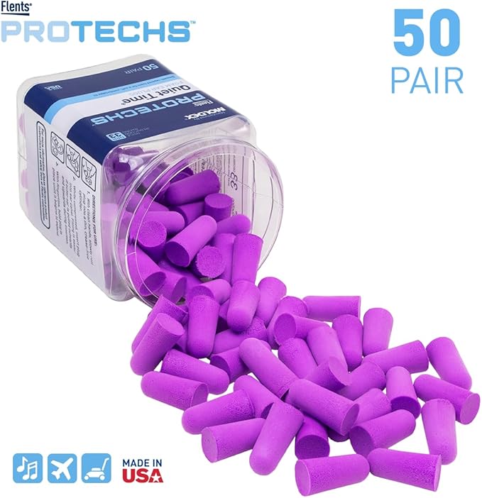 Flents Protechs Foam Ear Plugs, 50 Pair for Sleeping, Snoring, Loud Noise, Traveling, Concerts, Construction, Studying, Work, Shooting, NRR 33, Noise Cancelling, Disposable, Purple, Made in the USA