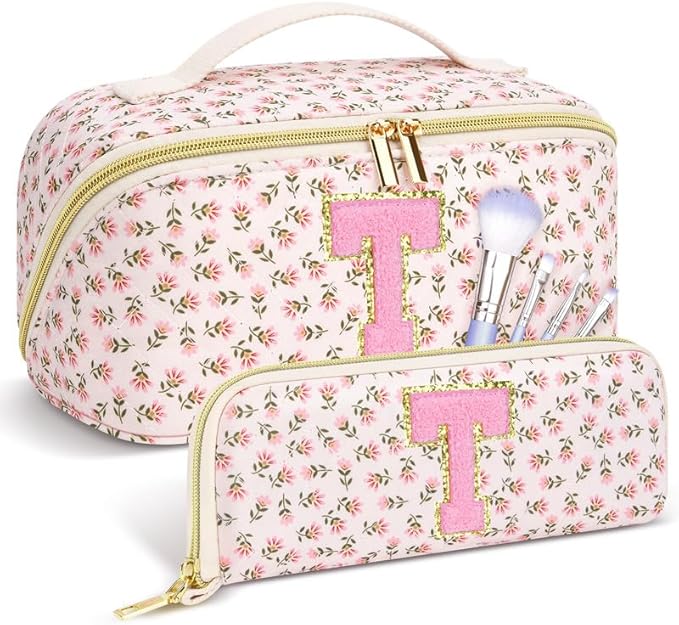 Personalized Travel Makeup Bag Set,Initial Travel Cute Floral Makeup Organizer Bag,Toiletry Skincare Cosmetic Bag,Christmas Gifts for Women/Girls,Open Flat Toiletry Pouch with Brush Pocket-T