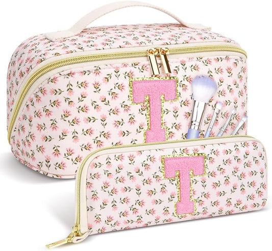 Personalized Travel Makeup Bag Set,Initial Travel Cute Floral Makeup Organizer Bag,Toiletry Skincare Cosmetic Bag,Christmas Gifts for Women/Girls,Open Flat Toiletry Pouch with Brush Pocket-T