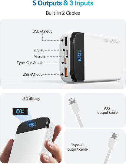 Portable Charger Power Bank 32000mAh with Built in Cables, PD3.0 USB C Fast Phone Charger, 5 Outputs LCD Display Travel Battery Pack Compatible with iPhone, Samsung All Cell Phones (White)