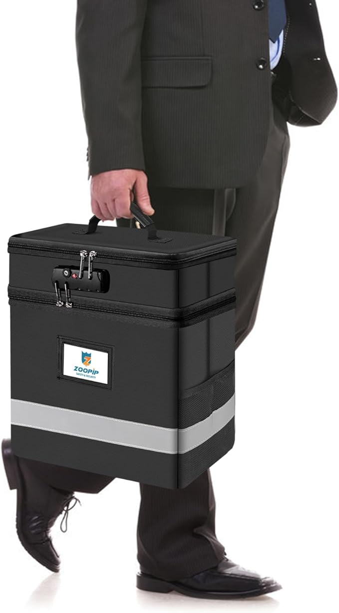 Fireproof File Box with Lock, 2 Layer Document Box Storage Organizer, Suitable for Hanging File Folders in Letter Size, Collapsible File Box, Reflective Strip for Fast Find (12.2*6*12.2, Black)