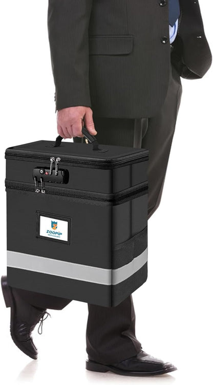 Fireproof File Box with Lock, 2 Layer Document Box Storage Organizer, Suitable for Hanging File Folders in Letter Size, Collapsible File Box, Reflective Strip for Fast Find (12.2*6*12.2, Black)