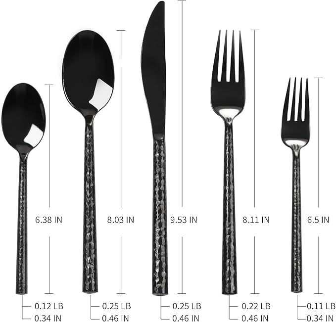 18/10 Stainless Steel Flatware Set Hand Forged Silverware Set Black Cutlery Set Round Hammered Handle Mirror Finished Heavy Duty 20 Pieces Service for 4