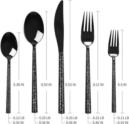 18/10 Stainless Steel Flatware Set Hand Forged Silverware Set Black Cutlery Set Round Hammered Handle Mirror Finished Heavy Duty 20 Pieces Service for 4