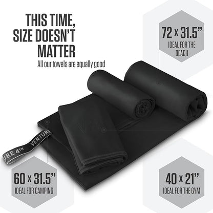 VENTURE 4TH - 4pcs Quick Dry Towels. Microfiber Travel Towels. Lightweight & Fast Drying Travel Towels for Body. Compact & Easy to Pack - 4 Pack Black Medium