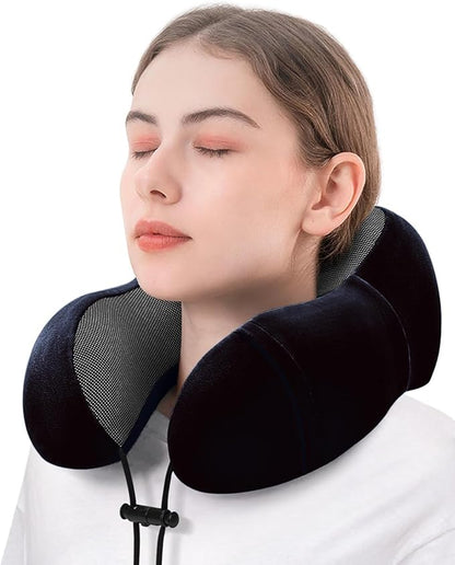 Airplane Travel Neck Pillow, 100% Memory Foam Ergonomic Neck Support, Airplanes Neck Pillow with Washable Cover Travel Essential for Flight & Office Include Eye Mask, Earplugs & Carry Bag (Black)