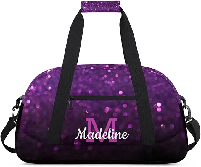 Personalized Kids Sports Duffel Bag with Name Custom Weekender Overnight Bag for Boys Girls Gym Bag Travel Dance Gymnastics Duffel Bag, DeepPurple Glitter