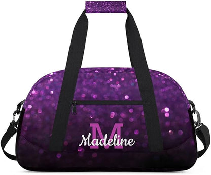 Personalized Kids Sports Duffel Bag with Name Custom Weekender Overnight Bag for Boys Girls Gym Bag Travel Dance Gymnastics Duffel Bag, DeepPurple Glitter