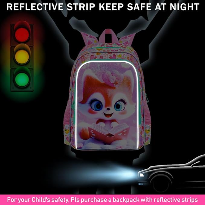 WZLVO 3PCS Girls Fox Backpack Set, 16" Glittery UV Printing Kids Bookbag/School Bag with Lunch Box & Pencil Bag for Preschool to Elementary - Reading Fox Pink