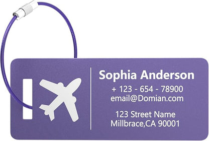 4 Personalized Metal Luggage Tags, Laser Engrave Name and Logo, Custom Aluminum Suitcase Tags with Steel Ring, for Travel, Backpack, Baggage (Purple)