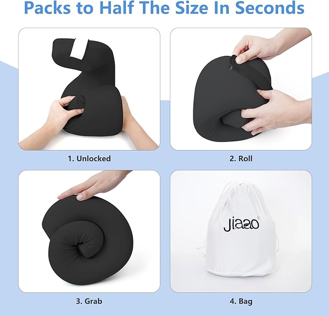 jiaao Neck Pillow Airplane, Memory Foam Travel Neck Pillows for Long Flight, 3D Eye Masks, Ear Plugs and Portable Drawstring Bag, Napping Pillow for Home, Road Trips, Sleep Rest and Travel Use