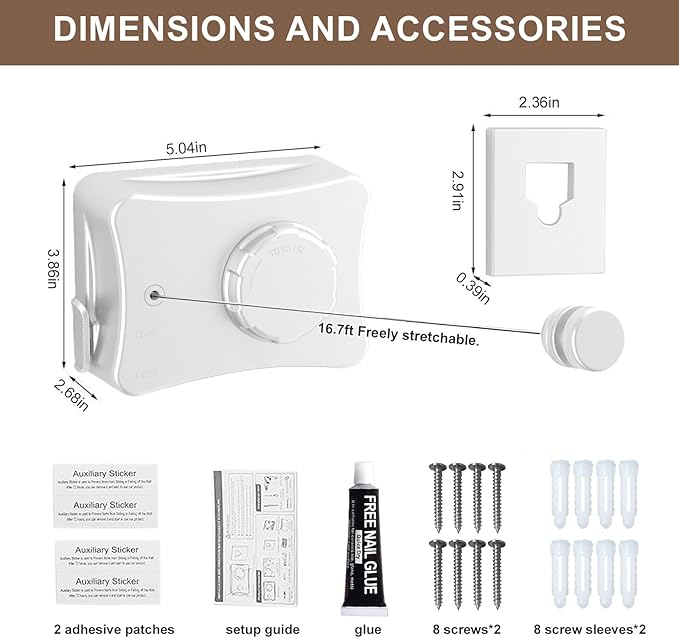 Retractable Clothesline for Outdoor & Indoor Use, 16.73 Ft Heavy Duty Retracting Clothes Line with Single Stainless Steel Rope - Laundry Drying Rack for Bathroom, Outside Areas (White)