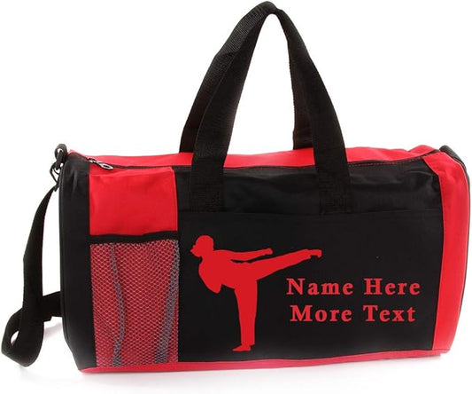 KishKesh Personalized Kids Sports Duffel Bag – Ideal for Martial Arts, Gym, Travel, Training & Workout for Female – Durable, Costumizable Name & Text – Red, 18" x 10" x 8"