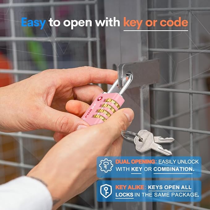 Forge Dual-Opening: Key or Combination Access Lock, TSA Approved Locks for Luggage, Pelican case, Travel, Gym, School, Stainless Steel Shackle. (Pink, 2 Pk)