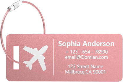 4 Personalized Metal Luggage Tags, Laser Engrave Name and Logo, Custom Aluminum Suitcase Tags with Steel Ring, for Travel, Backpack, Baggage (Pink)