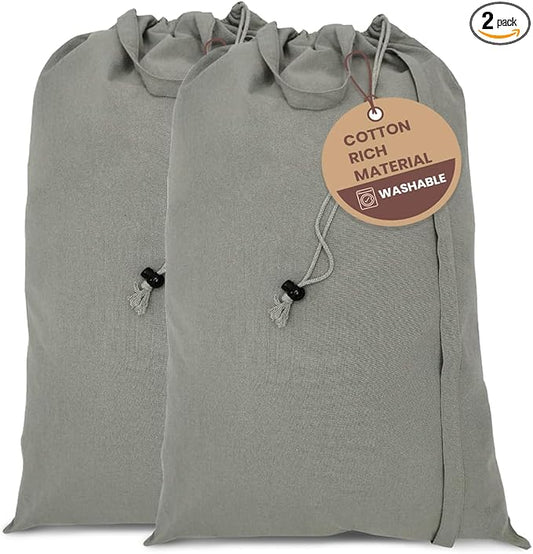 LFH Home Cotton Canvas Large Laundry Bag with Handle, Heavy Duty Drawstring Closure Washable Laundry Bags, School Travel, Home, Hotel, College Dorm, Organizer Sack, Toys Clothes 24x36 (Pack of 2)-Grey