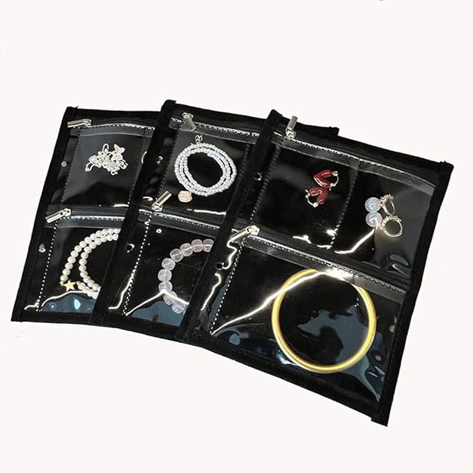 GSXRB Travel Jewelry Organizer Case with Clear Zipper Pouches,3pcs Velvet Jewelry Storage Book Binder, Multi-Layer Inner Pages for Earrings/Rings/Necklace/Bracelet, Compact & Waterproof(Black lining)