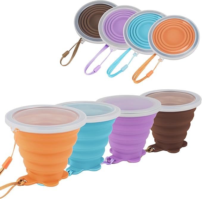 JBER Silicone Collapsible Travel Cup, 4 Pack Silicone Folding Camping Cup with Lids Expandable Drinking Cup Set BPA Free Reusable Portable Graduated for Outdoor Hiking Travel