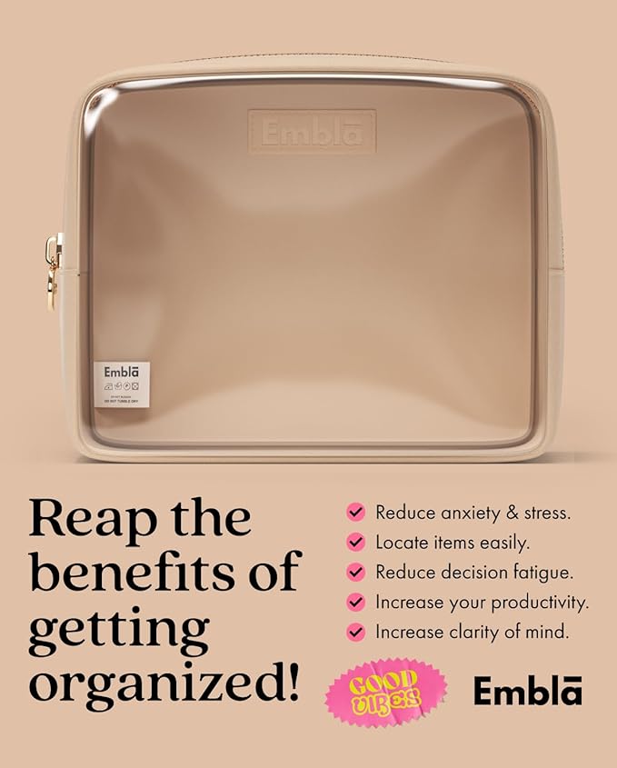 Embla Clear Cosmetic Bag Makeup Case, Clear Zipper Make Up Pouch and Toiletry Travel Tote, Cute Skincare Pouches for Women Girls, Preppy Purse Cosmetic Organizer, Large Makeup Bags, Sand