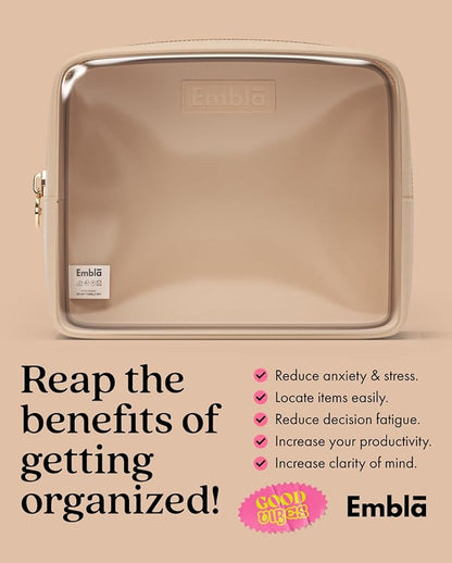 Embla Clear Cosmetic Bag Makeup Case, Clear Zipper Make Up Pouch and Toiletry Travel Tote, Cute Skincare Pouches for Women Girls, Preppy Purse Cosmetic Organizer, Large Makeup Bags, Sand