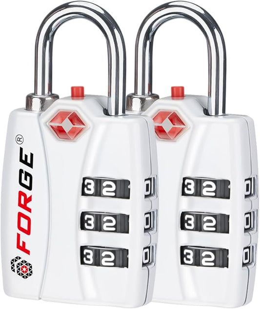 Forge Luggage Locks TSA Approved Locks, Small TSA Locks with Zinc Alloy Body, Open Alert, Easy Read Dials, for Travel Suitcase, Bag, Backpack, Cases, Lockers. White 2 Locks.