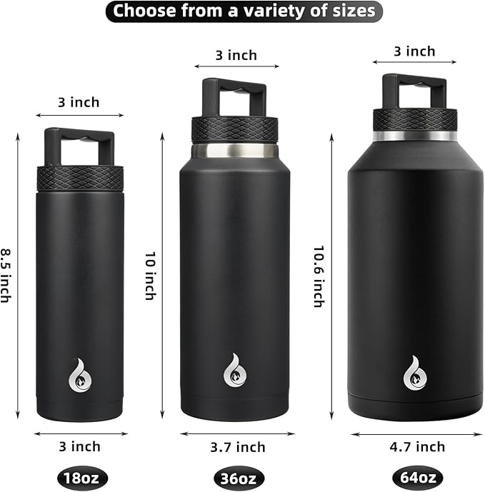 BJPKPK Insulated Water Bottles, Dishwasher Safe 36 oz Water Bottle with Handle, Leakproof BPA Free Thermal Flasks, Stainless Steel Jug for Sports, Black