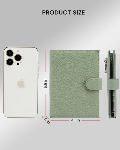 RFID Slim Passport Holder for Women, Compact Leather Passport Wallet with Card Holders SIM Slots,Zippered Coins Pocket and Cash Compartment Travel Passport Cover Case, Light Green