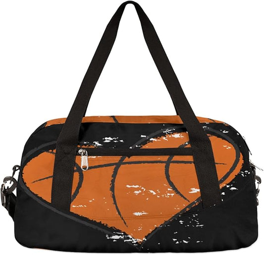 Heart Shape Basketball Sports Pattern Gym Duffle Bag for Kids,Sports Bag for Teens Boys & Girls Small Waterproof Overnight Weekender Carry School Practice Travel Bag
