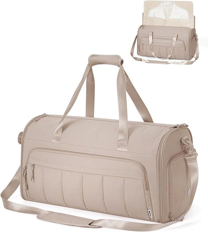 WANDF Convertible Garment Bags for Travel with Wet Pocket Carry on Garment Duffle Bag 2 in 1 Puffy Hanging Clothes Travel Bags with Shoe Compartment for Airplanes Business Weekend Gym Wedding (Khaki)