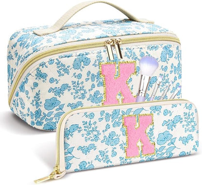 Personalized Travel Makeup Bag Set,Initial Travel Cute Floral Makeup Organizer Bag,Toiletry Skincare Cosmetic Bag,Christmas Gifts for Women/Girls,Open Flat Toiletry Pouch with Brush Pocket-K