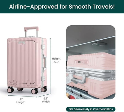 Nobl Travel Carry On Luggage, Noble Zipperless Aluminum Frame PC Hard Shell Suitcase, 22.5x15x9.5 Airline Approved, 360° Spinner Wheels, TSA Locks, USB Charging Port, Cup & Phone Holder - Blush