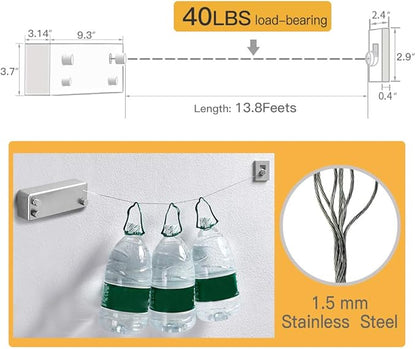 BESy Retractable Clothesline ABS case+Aluminum Dryer with Adjustable Stainless Steel Double Rope String Hotel Style Heavy Duty,Wall Mounted Method, 13.8 Feets,Silver