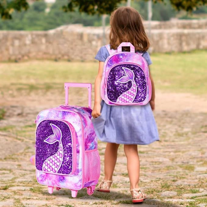 2PCS Kids Luggage, Suitcases for Girls, Carry on Rolling Luggage with Wheels, 18" Toddler Suitcase Set 12" with Sequin Backpack - Pink Mermaid