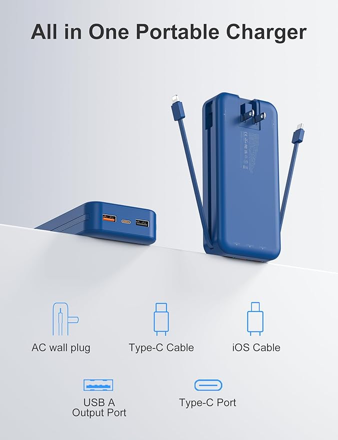 20000mAh Ultra-Portable-Charger-Power-Bank PD20W with Built in Cables&AC Wall Plug,Fast Charging Cell Phone Charger Battery Pack,LED Display Travel Battery Bank for All iPhone,Samsung,Android