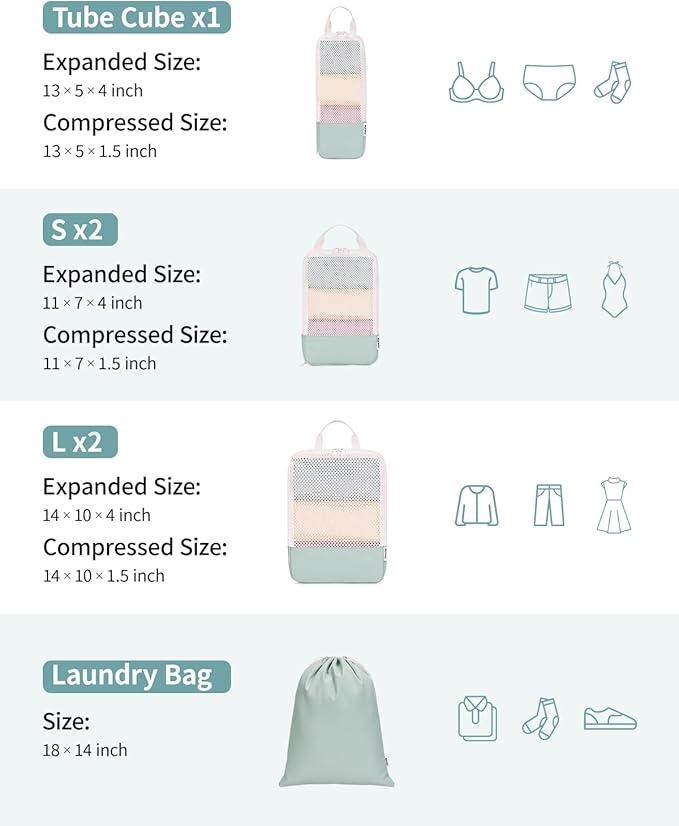Narwey 6 Set Compression Packing Cubes for Travel Kids Women Carry on, Packing Organizers Bag for Backpack Luggage Suitcase Duffle Bags