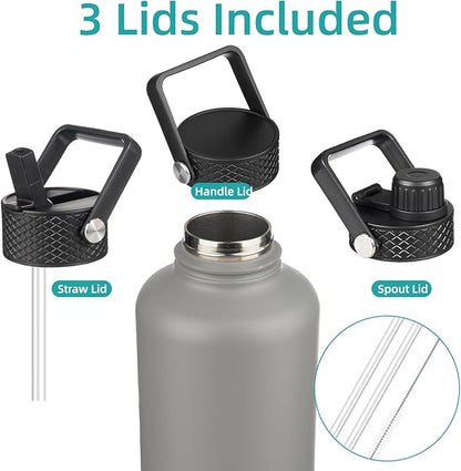 Insulated Water Bottle with Straw,50 oz 3 Lids Water Jug with Carrying Bag,Paracord Handle,Double Wall Vacuum Stainless Steel Metal Flask,Gray
