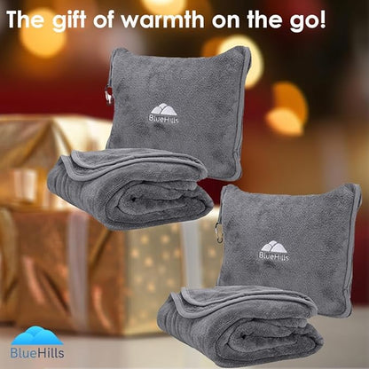 BlueHills 2-Pack Premium Soft Travel Blanket Pillow Airplane Blanket in Soft Bag Pillowcase with Hand Luggage Belt and Backpack Clip, Compact Pack Large Blankets for Any Travel (Grey Gray T013)