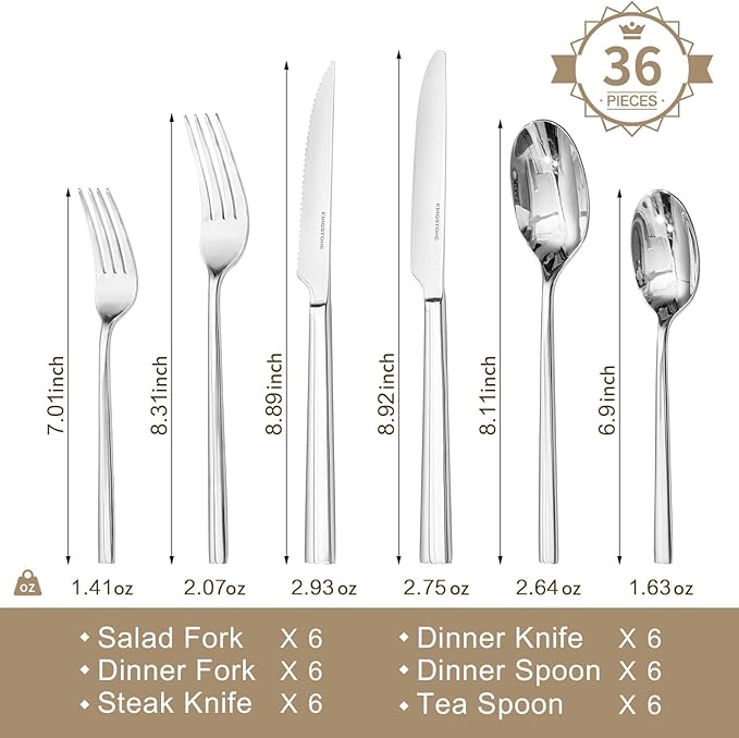 KINGSTONE Silverware Set with Steak Knives, 36-Piece Forged Flatware Set Cutlery Set Premium Stainless Steel, Service for 6, for Kitchen, Home, Wedding, Party, Mirror Polished and Dishwasher Safe