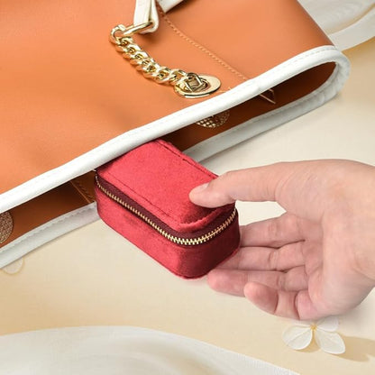 TAIMY Small Travel Jewelry Case, Mini Tiny Plush Velvet Jewelry Box for Women and Girls, Pocket Size Jewelry holder organizer for Rings Earrings and Small Items(Burgundy)