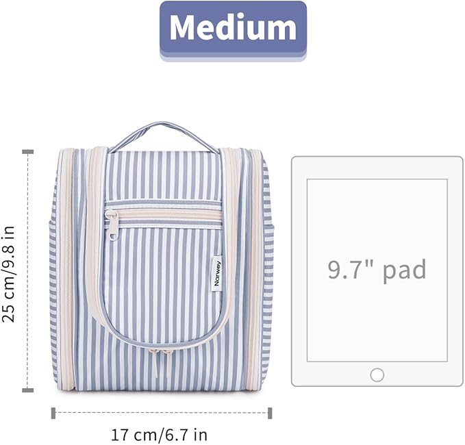 Narwey Small Striped Hanging Travel Toiletry Bag for Women, Travel Bag for Toiletries, Makeup Bag Organizer Cosmetic Bags Make Up Bags for Women (Greyish Blue Stripe)