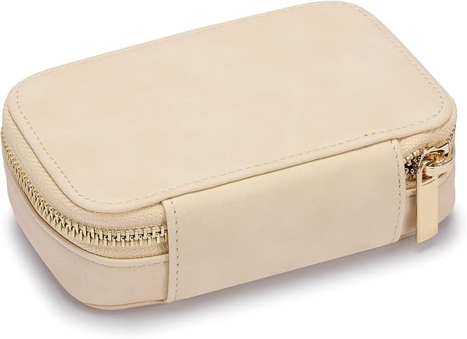 HISCOW Vegan Leather Travel Jewelry Case with Zipper - Portable Necklace & Earring Holder Organizer for Women Girls, Velvet-Lined Ring Box with Anti-Tarnish Design, Cream