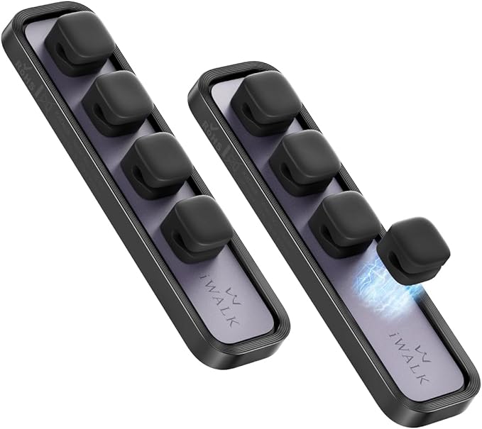 iWALK Magnetic Cable Holder,Reusable Adhesive Desktop Cord Organizer for 2-6mm Cables,4 Clips for Lightning & USB C/Micro Cables,Sticks to Wood,Glass,Metal, Marble,2-Pack,Black