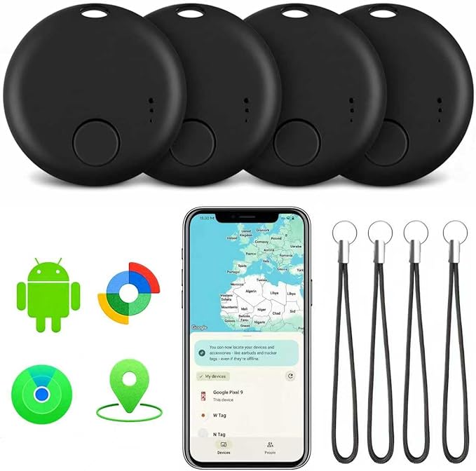 Mini Bluetooth Tracker, Air Tracker Tags for Android &iOS, Key Finder with Sound,Compatible with Google Find My Device and Apple Find My,Tracks Keys,Wallets,Luggage,Pets,No Subscription(Black -4Pcs)