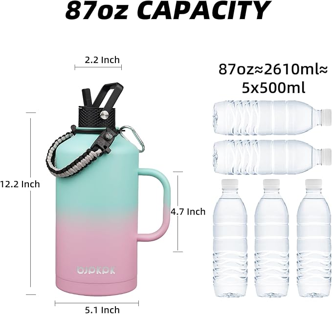 BJPKPK 2/3 Gallon Water Bottle Insulated with Straw Lid, 50oz, 64oz, 87oz, 128oz Large, Stainless Steel Water Bottles with 3 Lids and Paracord Strap, Double Wall Vacuum Metal Water Jug,Marshmallow