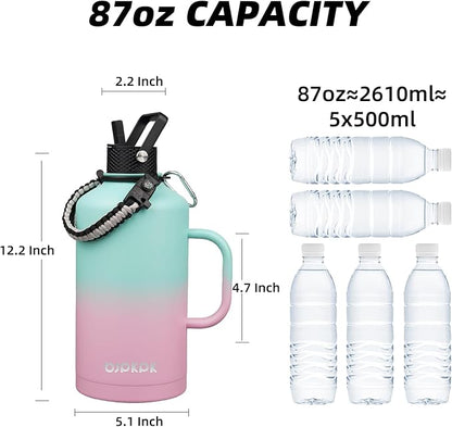 BJPKPK 2/3 Gallon Water Bottle Insulated with Straw Lid, 50oz, 64oz, 87oz, 128oz Large, Stainless Steel Water Bottles with 3 Lids and Paracord Strap, Double Wall Vacuum Metal Water Jug,Marshmallow