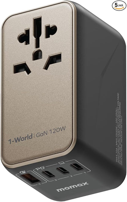 MOMAX Universal Travel Adapter, 170W GaN International Power Adapter, 2 USB-C 2 USB-A, Worldwide Travel Plug Adapter, International Power Adapter for Most Europe, USA, Japan, Australia (Type C/A/G/I)