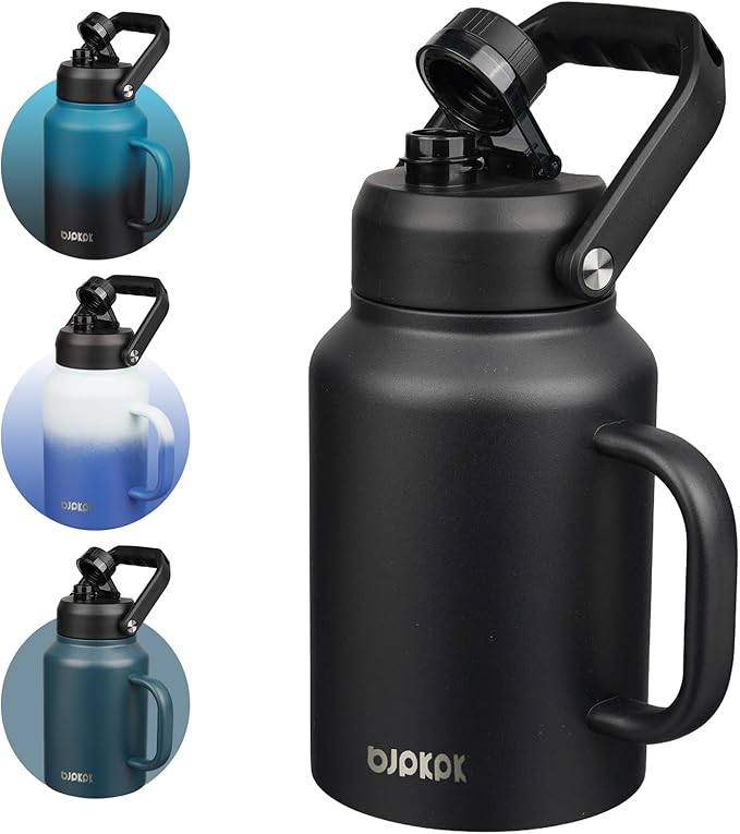 BJPKPK 64oz Insulated Water Bottle with Handle, Large Dishwasher Safe Half Gallon Water Bottle, BPA Free Water Jug, Wide Mouth Metal Flasks with Anti-slip Bottom, Keep Cold & Hot, Black