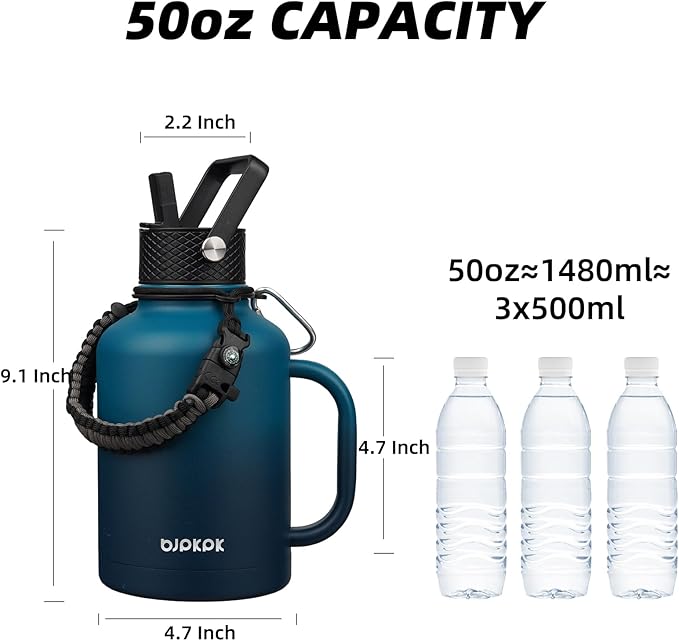 BJPKPK Large Insulated Water Bottles with Straw Lid & Handle, 50oz, 64oz, 87oz, 128oz Water Bottle with 3 Lids and Paracord Strap, Stainless Steel Metal Water Bottle, Insulated Water Jug, Vast