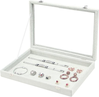 Coward Jewelry Organizer Tray Box, Grey Beige Velvet Blank Display Tray Case with Lid for Storage Necklaces Bracelets Rings Beads and Jewelry Accessories